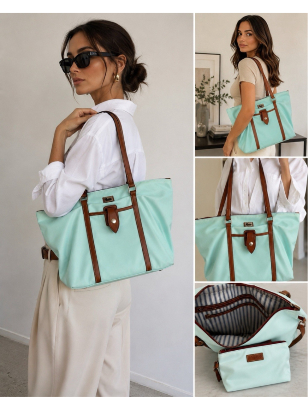 Dooney & Bourke Aqua Blue Nylon Shopper Tote Bag Brown Leather Trim + Zip Pouch